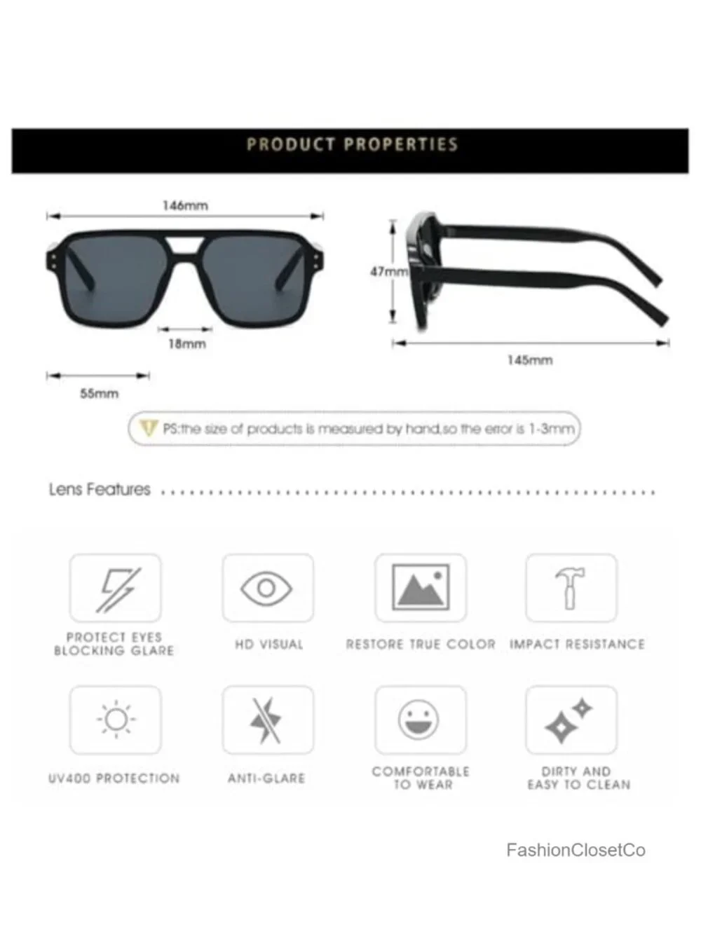 Vintage Oversized Square Aviator Sunglasses UV400 Protection Unisex Retro Shades